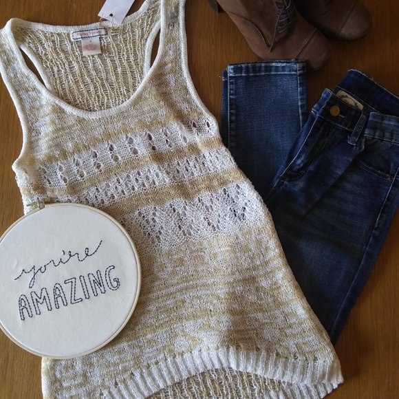 Flying Tomato | Fancy Knit Racerback Tan and White Tank | L | New - Picture 3 of 12